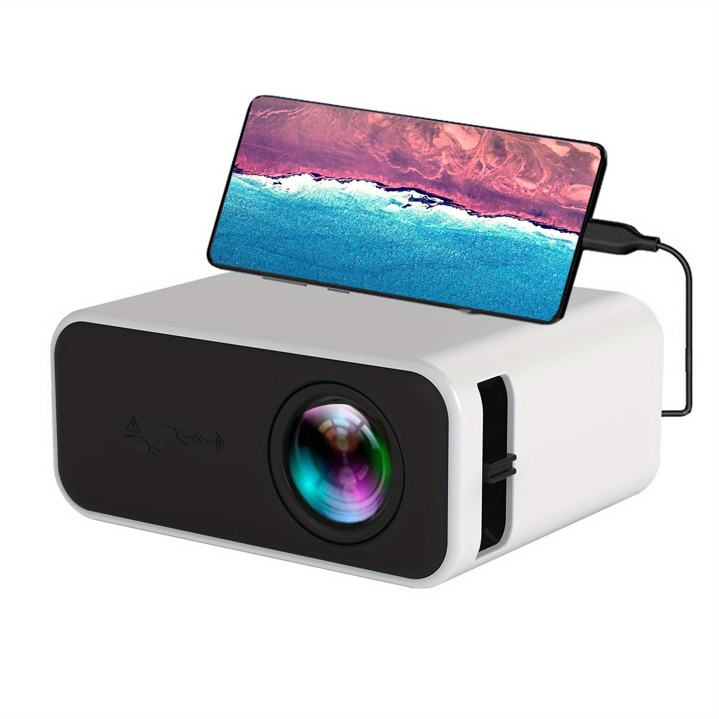 Mini LED Projector - White Edition, Wireless & Wired Screen Mirroring, 15-100 Inch, 24 ANSI Lumen, Portable Home Theater For Smartphones, 110x90x50mm